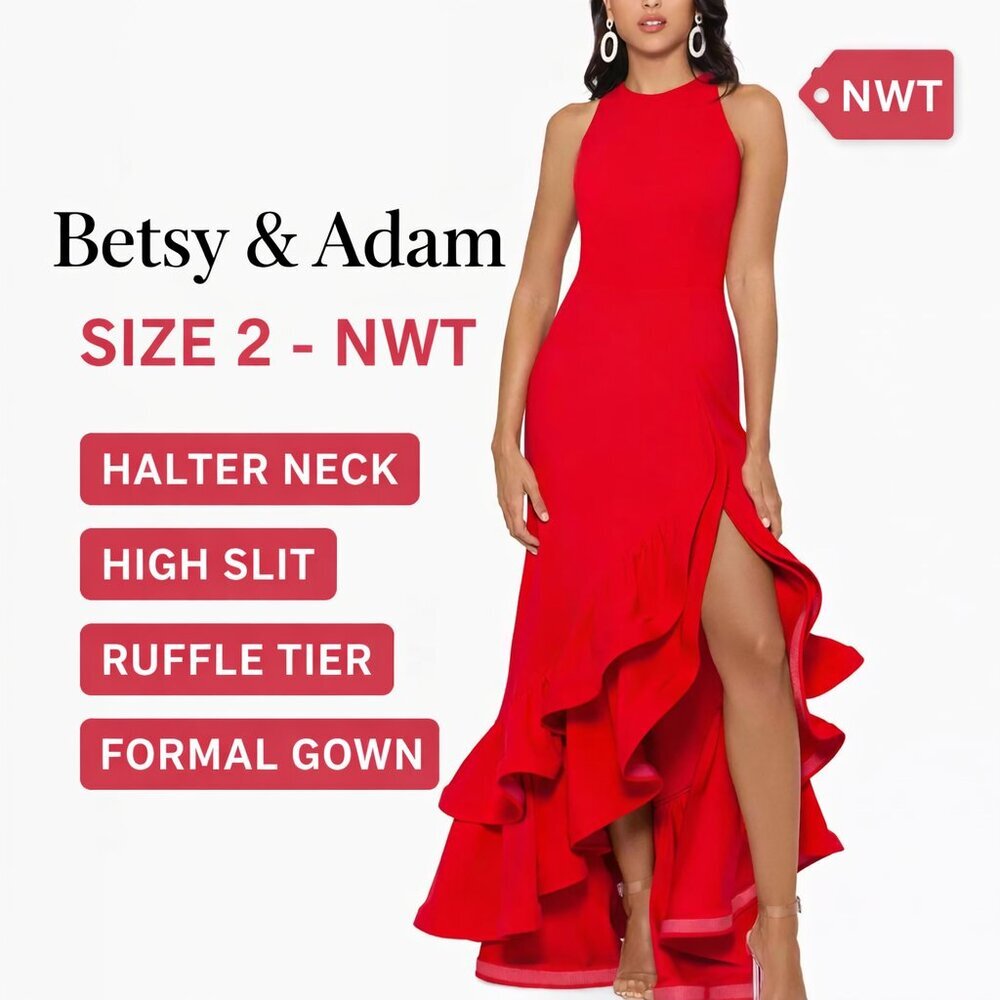 Betsy & Adam Size 2 Red Ruffle Tier Scuba Crepe Dress NWT Formal Gown - Picture 2 of 5
